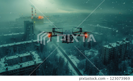 A military drone flying over the abandoned city of Pripyat and destroyed Chernobyl Nuclear Power Plant A military drone flying over the abandoned city of Pripyat and destroyed Chernobyl Nuclear Power Plant 123073969