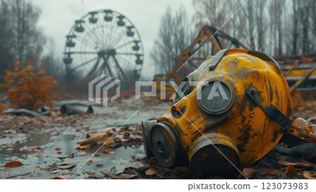 Aftermath of the nuclear disaster at the Chernobyl Nuclear Power Plant. A gas mask lies on the ground  123073983