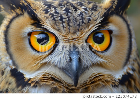 Close-up of an owl's face, with bright eyes and feathers. 123074178