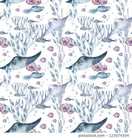 Sea animals stingray, fish swimming in seaweeds and corals blue soft colors for marine design background. Ocean creatures watercolor seamless pattern isolated. Sea world botanical texture and ray fish 123074304
