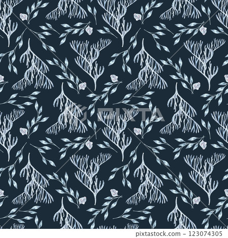 Mediterranean monochrome blue watercolor seamless pattern isolated. Seaweeds and corals pale blue pattern design. Reefs and laminaria hand drawn texture. Underwater floral plants repeated ornament. 123074305