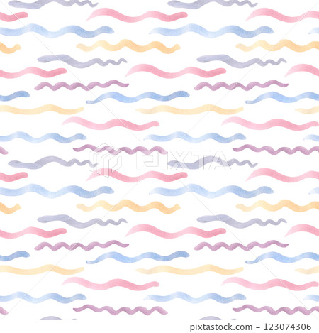 Watercolor wave lines mixed colors on seamless pattern isolated. Lines brush drawn of peach, pink, blue, and lavender for aquatic simple cartoon background. Wavy stripes sea texture for kids. 123074306