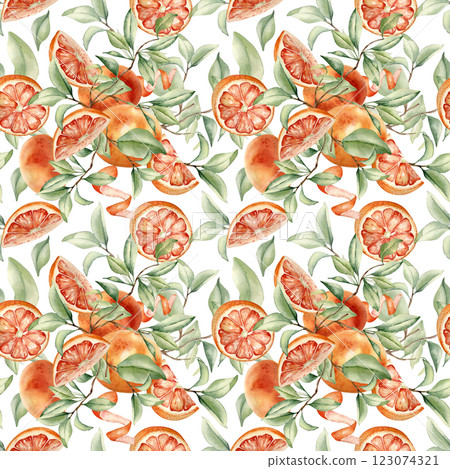 Vibrant summer repeated texture painted watercolor citrus fruits tree, red orange ripe, greenery branches for textile. Grapefruit foliage, whole and halves fruit on seamless pattern isolated. 123074321