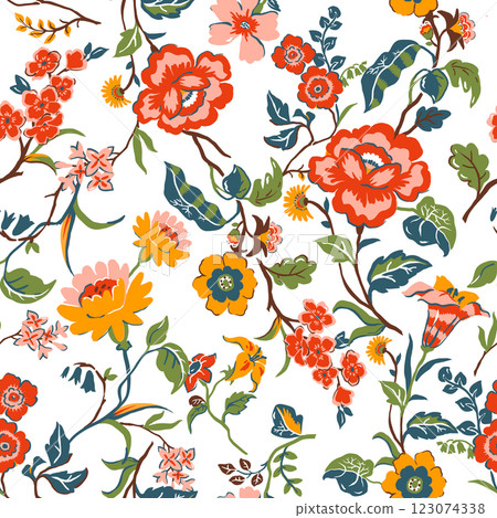Seamless Millefleurs Floral Pattern with Small Hand-Drawn Flowers in Liberty Style. Vintage Spring Bouquet Design for Fashion Prints. Vertical floral wallpaper 123074338