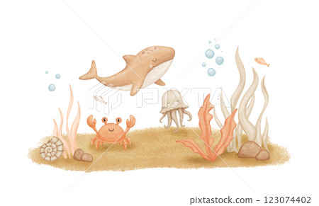 Cute underwater world scene, ocean floor marine life. Watercolor illustration 123074402