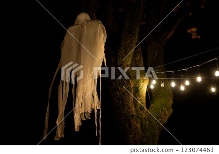 Halloween decoration white ghost hanging on a tree on a scary night background Halloween decoration white ghost hanging on a tree on a scary night background 123074461