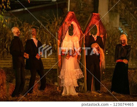 Halloween wedding- Spooky decoration stands in a wooded area creating a sinister atmosphere 123074465