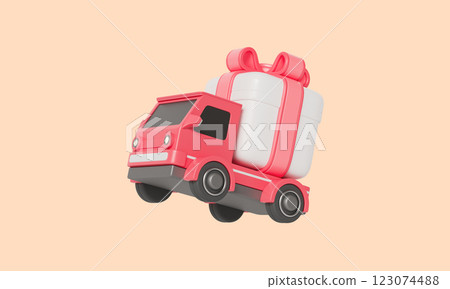Red Truck Carrying a Gift Box. 3D Rendering  123074488