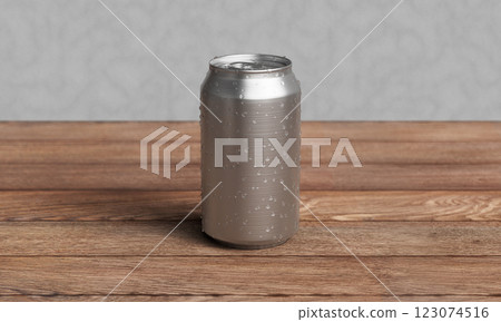 Aluminium Can Mock up on Wood Table. 3D Rendering Aluminium Can Mock up on Wood Table. 3D Rendering 123074516