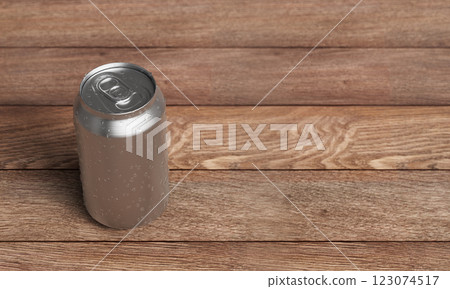Aluminium Can Mock up on Wood Table. 3D Rendering Aluminium Can Mock up on Wood Table. 3D Rendering 123074517