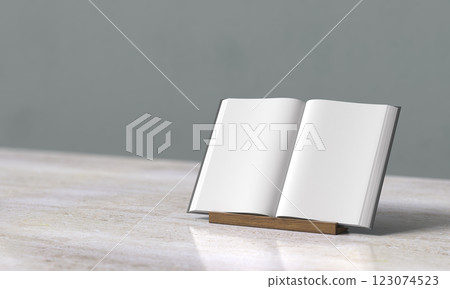Opened Book and Book Stand Mock up on Marble Table. 3D Background 123074523