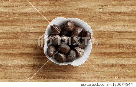 Chestnuts on Wood Table. 3D Rendering 123074544