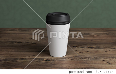 Coffee Cup or Tumbler Mock up on Wood Table. 3D Rendering 123074548