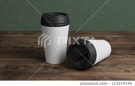 Coffee Cup or Tumbler Mock up on Wood Table. 3D Rendering 123074549