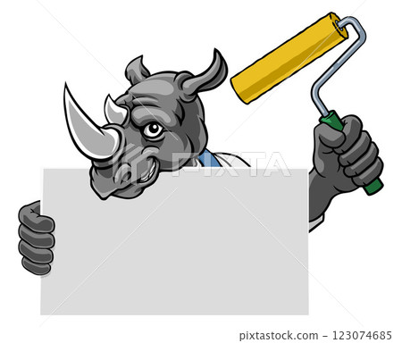 Rhino Painter Decorator Paint Roller Mascot Man Rhino Painter Decorator Paint Roller Mascot Man 123074685