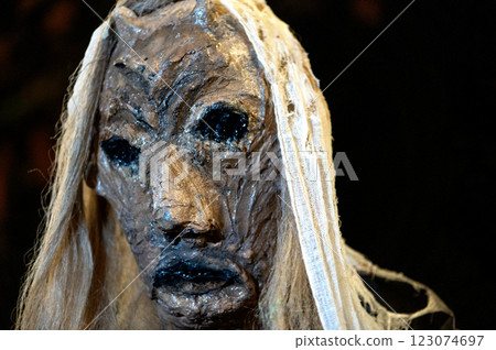 Close-up of witch face on a dark halloween horror night background 123074697
