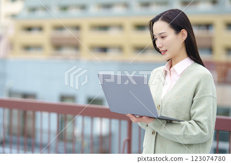 Image of a city, a computer and a businesswoman 123074780