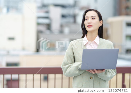 Image of a city, a computer and a businesswoman Image of a city, a computer and a businesswoman 123074781