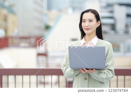 Image of a city, a computer and a businesswoman 123074784