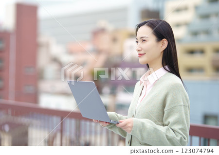 Image of a city, a computer and a businesswoman 123074794