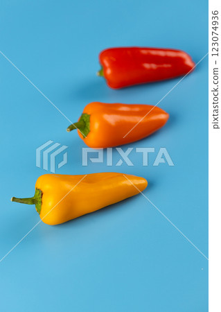 Vibrant Array of Colorful Peppers on a Bright Blue Background: Red, Orange, and Yellow Mini Peppers Displaying Freshness and Culinary Potential 123074936