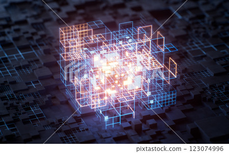 Technology circuit board and glowing lines, 3d 123074996