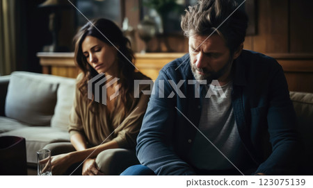 Sad Man and Woman Sitting on Sofa - Family Conflict Concept 123075139