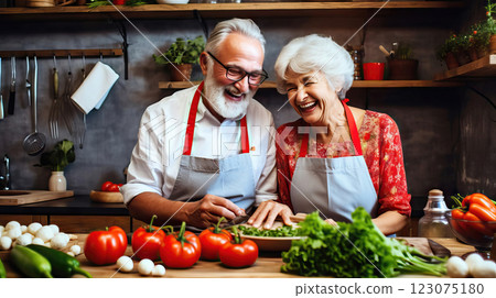Happy Elderly Couple Preparing Family Dinner Together in the Kitchen 123075180