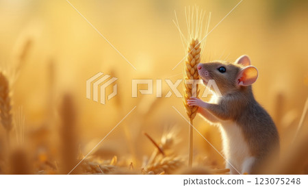 Field Mouse Gnawing on a Wheat Ear in Nature 123075248