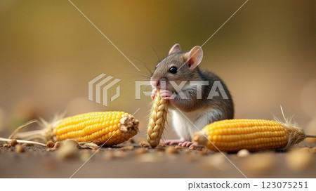 Wildlife at Work: Field Mouse Gnawing on Wheat 123075251