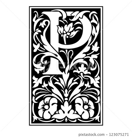victoriana Initial Caps Font Capital Letter P vector design 123075271