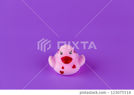 Cute Pink Rubber Duck with Heart Designs Perfect for Bath Time, Children's Play, or as a Decorative Item Against a Vibrant Purple Background 123075518