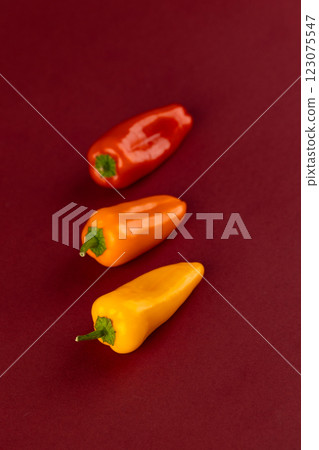 Colorful Display of Mini Sweet Peppers: Red, Orange, and Yellow on a Deep Red Background for Culinary Inspiration and Vibrant Food Photography Colorful Display of Mini Sweet Peppers: Red, Orange, and Yellow on a Deep Red Background for Culinary Inspiration and Vibrant Food Photography 123075547