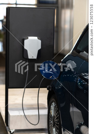 Closeup of power supply plugged into an modern electric car. Electric or EV car charging station. Closeup of power supply plugged into an modern electric car. Electric or EV car charging station. 123075558