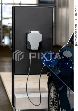 Closeup of power supply plugged into an modern electric car. Electric or EV car charging station. 123075559