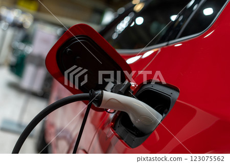 Closeup of power supply plugged into an modern electric car. Electric or EV car charging station. 123075562