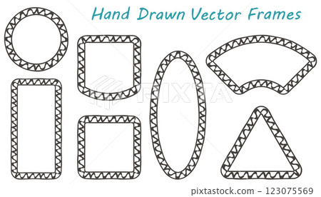 Frame outline set. Hand drawn decorative doodle wave ink brush stroke line, ethnic boho design border collection. Circle, rectangle, triangle shapes. Vector illustration. White background Frame outline set. Hand drawn decorative doodle wave ink brush stroke line, ethnic boho design border collection. Circle, rectangle, triangle shapes. Vector illustration. White background 123075569