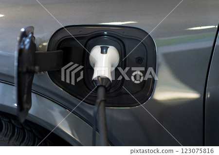 Closeup of power supply plugged into an modern electric car. Electric or EV car charging station. Closeup of power supply plugged into an modern electric car. Electric or EV car charging station. 123075816