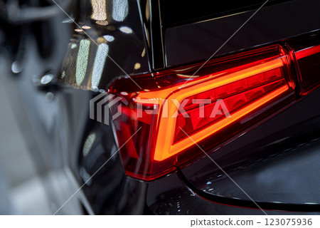Luxury car red tail light on a dark brurred background.  123075936