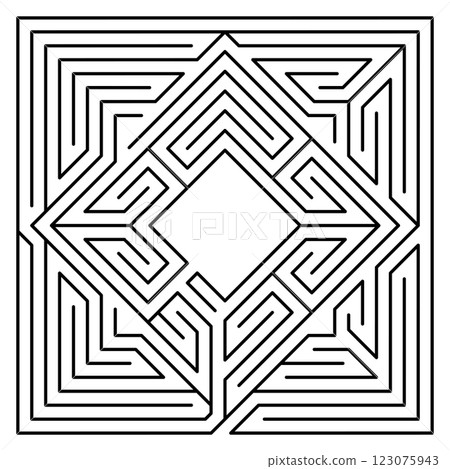 Square maze containing a 2nd maze in the shape of a diamond. Labyrinth with a collection of different paths to the goal, starting at the entrance at the bottom, to the free square area in the middle. 123075943