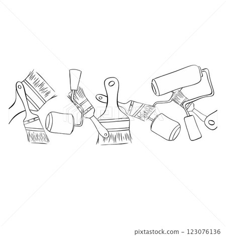 Graphic line vector seamless border with brushes and paint rollers. Isolated on transparent background.  123076136