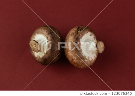 Two Fresh Brown Mushrooms Displayed On A Simple Red Background For A Minimalist Presentation of Healthy Ingredients 123076340