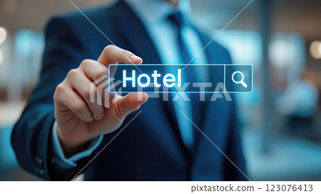 Respectable Businessman in a Suit Presents Hotel Booking Options Respectable Businessman in a Suit Presents Hotel Booking Options 123076413