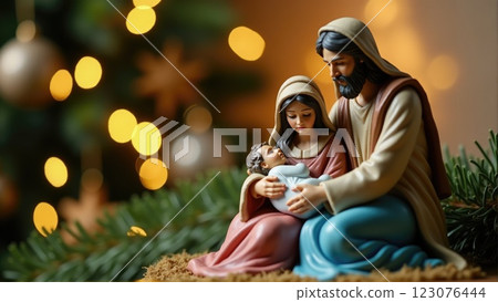 Holy Family Figurines with a Christmas Tree Backdrop 123076444