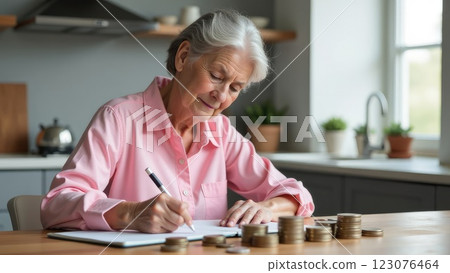 Elderly Woman Organizing Her Income and Expenses in a Notebook 123076464