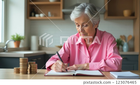 Elderly Woman Recording Income and Expenses in a Notebook at the Kitchen Table 123076465