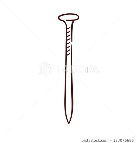 Simple line art of a metal nail with a flat head and ridged body. Minimalist black and white design perfect for construction, carpentry, hardware and repair industry. Isolated on a white background. 123076696