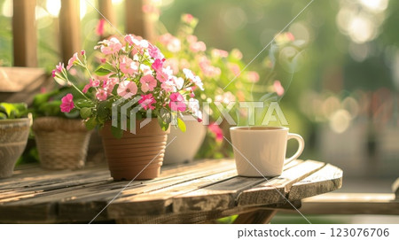 Blooming Flowers and Coffee Cup on a Sunlit Wooden Table 123076706