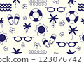 Summer pattern seamless fabric summer season. beach elements on blue tone color on white. Designed for background ,wallpaper ,summer pattern ,wrapping paper ,travel ,holiday ,weekend ,vacation ,trip 123076742