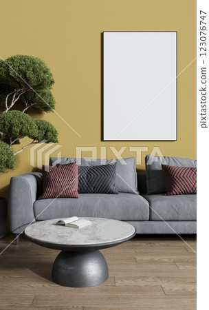 Empty frame for a picture or photo in the living room above the sofa. 3D rendering Empty frame for a picture or photo in the living room above the sofa. 3D rendering 123076747